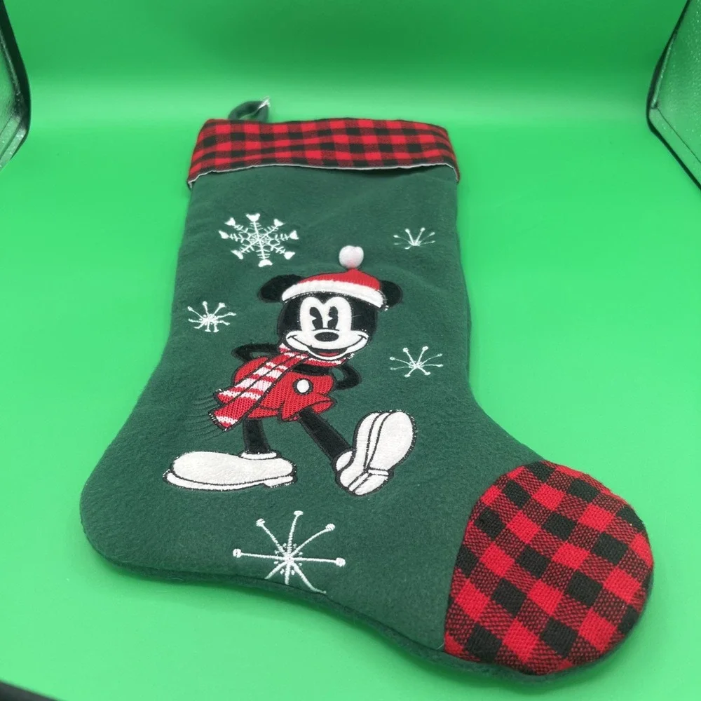 Disney embroidered Mickey‎ Mouse snowflakes, Christmas Stocking green/red/black